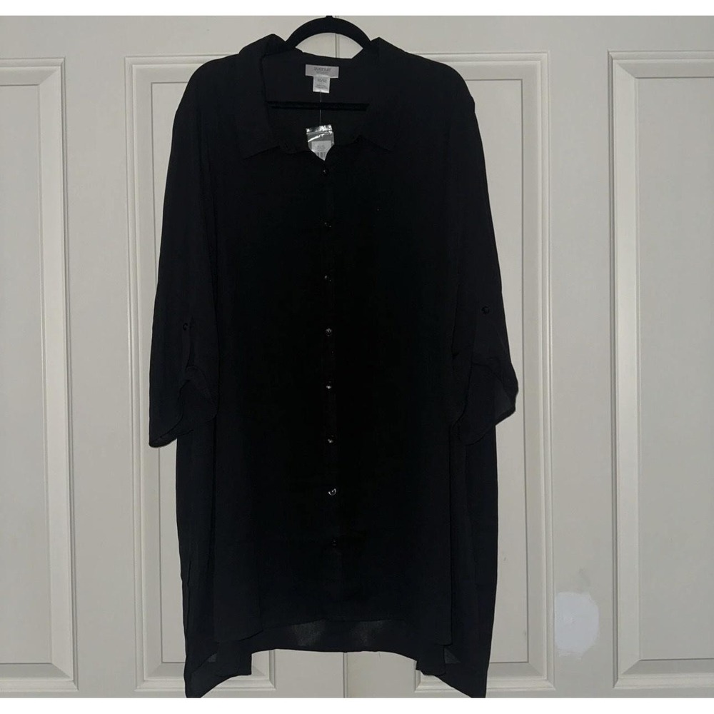 Avenue Studio Blouse Womens 30/32 Black Longline Button Front Roll Tab Tunic